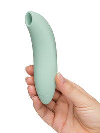 Sage green app-controlled clitoral stimulator held in a hand.