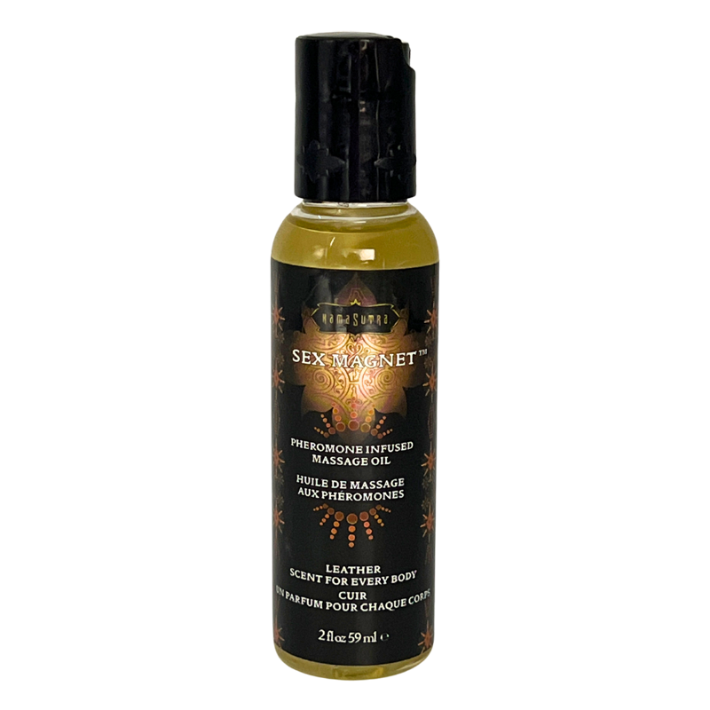 Kama Sutra Pheromone Infused Leather Massage Oil bottle.