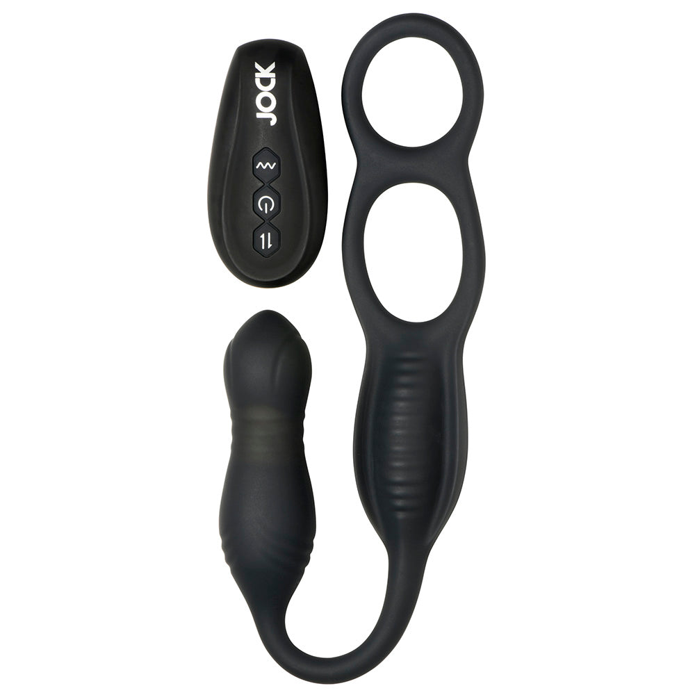 Black remote-controlled anal plug with C-ring and taint stimulator.