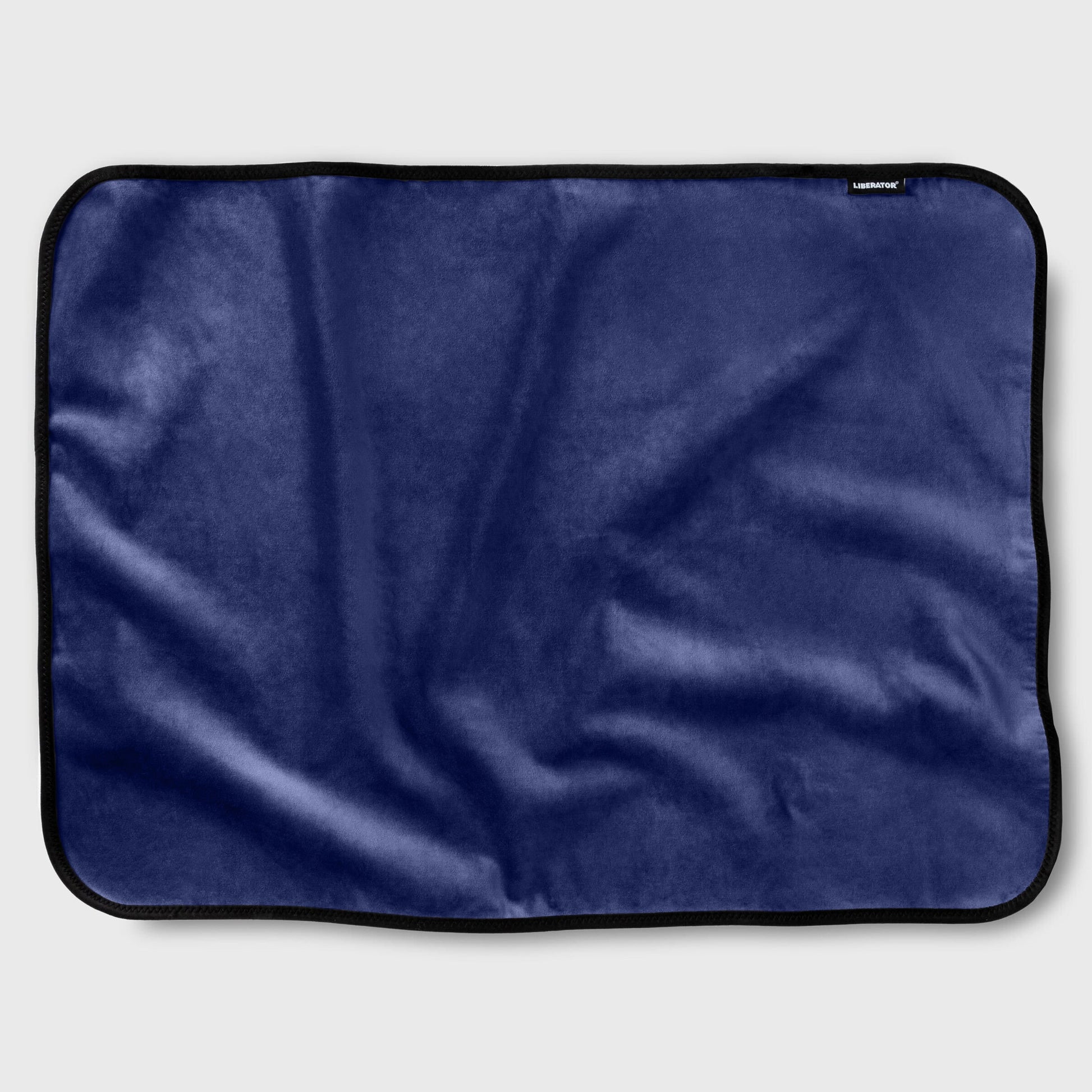 Royal blue waterproof microvelvet throw blanket with black trim.