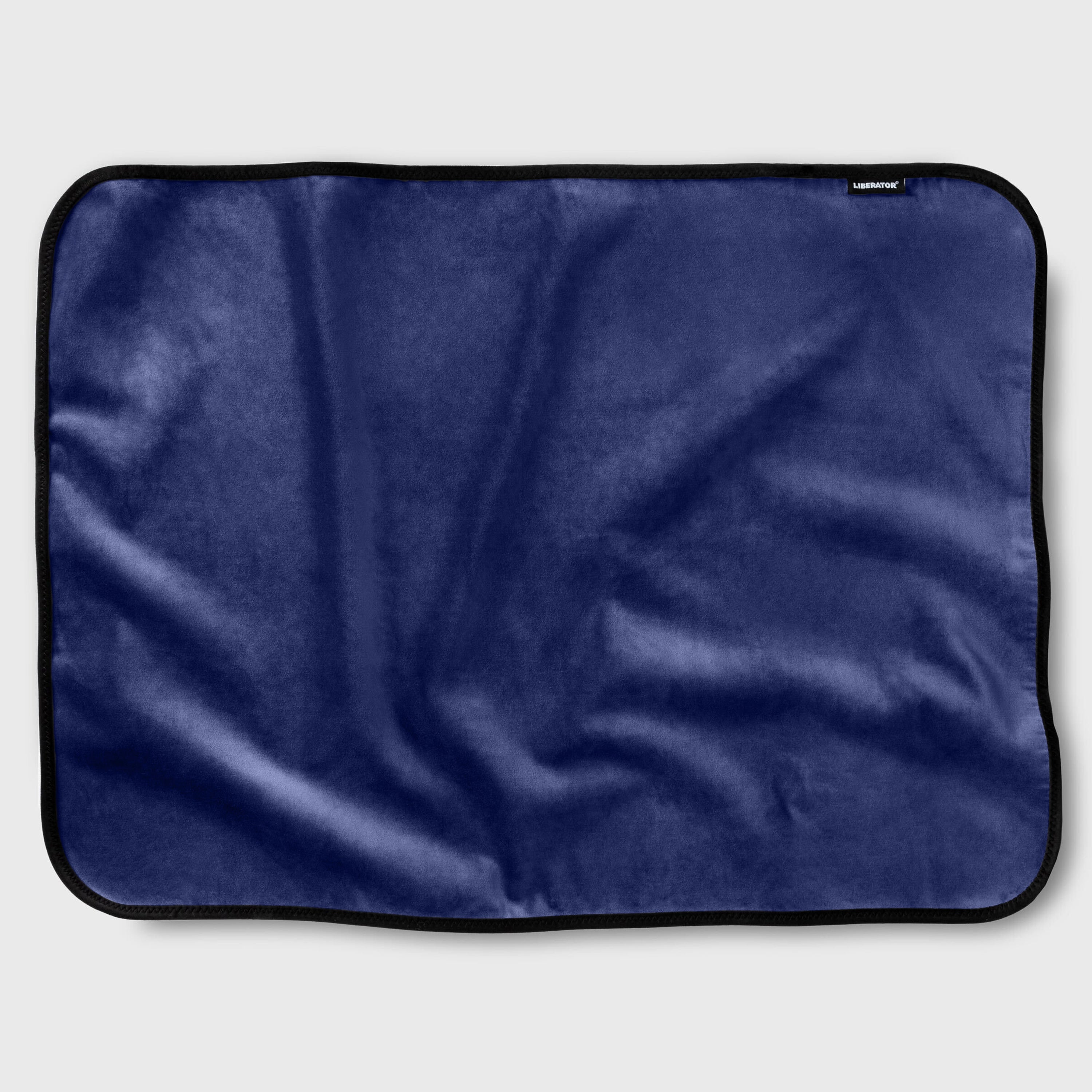 Royal blue waterproof microvelvet throw blanket with black trim.