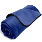 Royal blue waterproof microvelvet throw blanket rolled up.