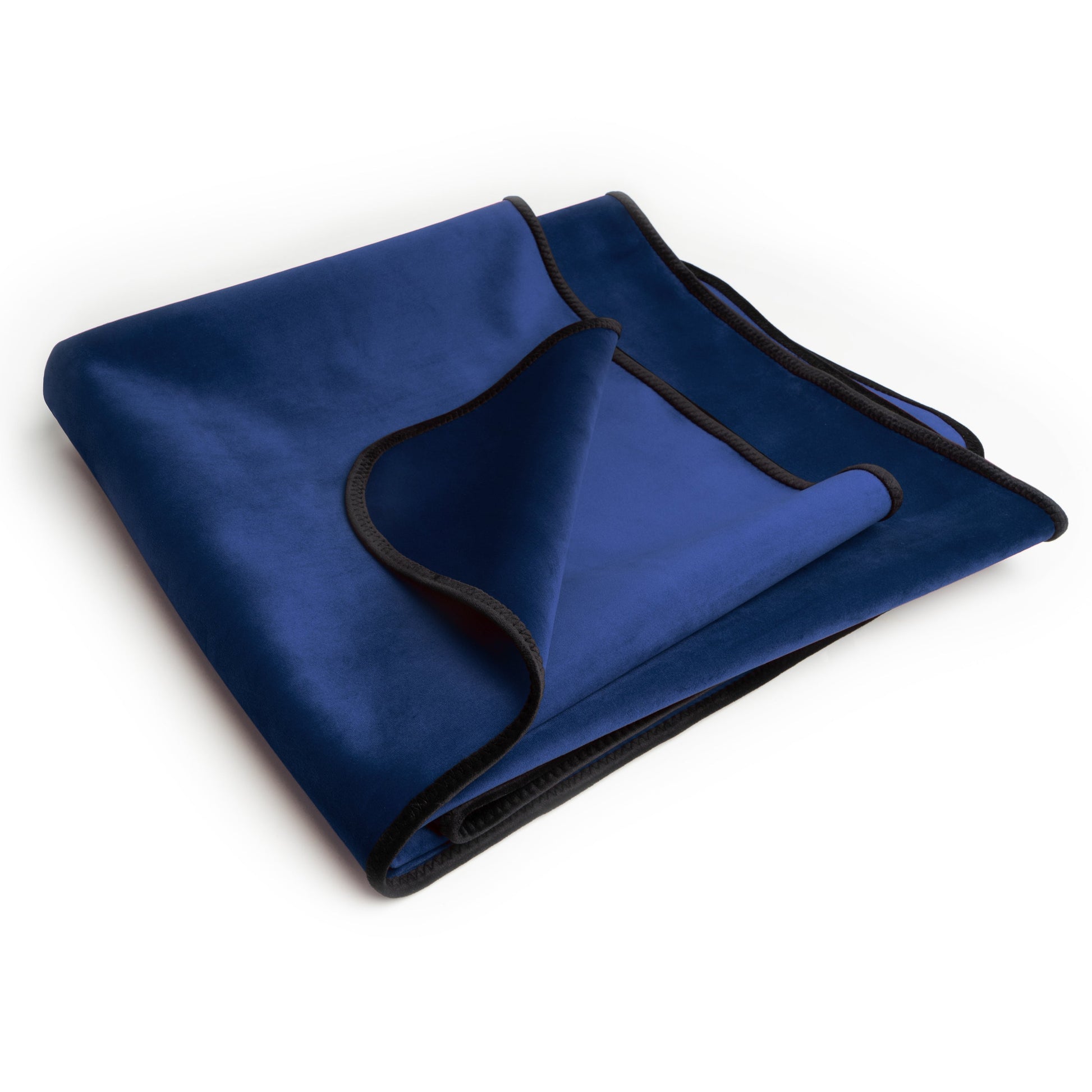 A royal blue waterproof travel throw blanket with black trim.