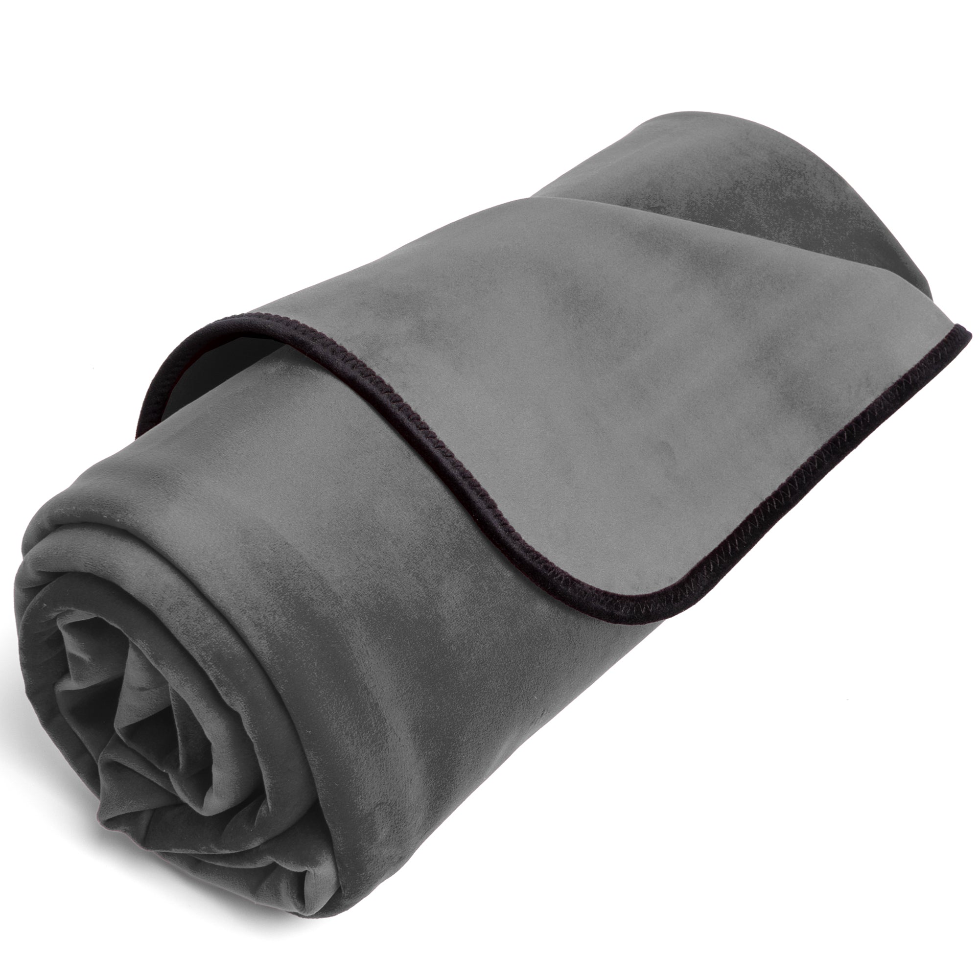 Rolled grey waterproof microvelvet throw with dark trim.