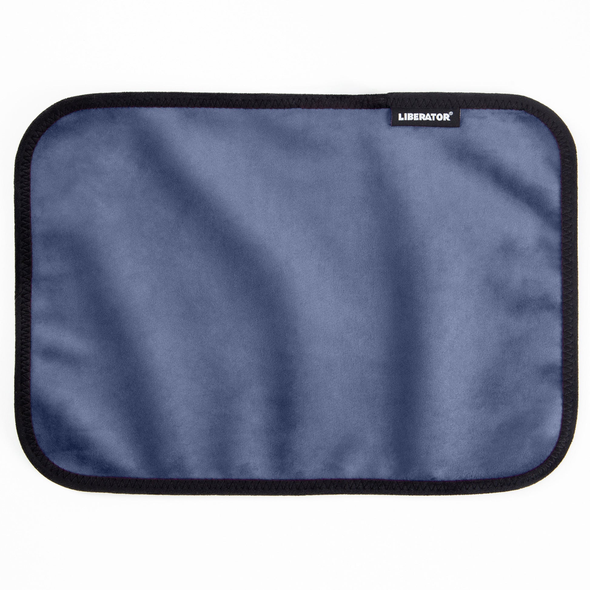 Indigo moisture-proof microvelvet toy pad with black trim and a Liberator logo.