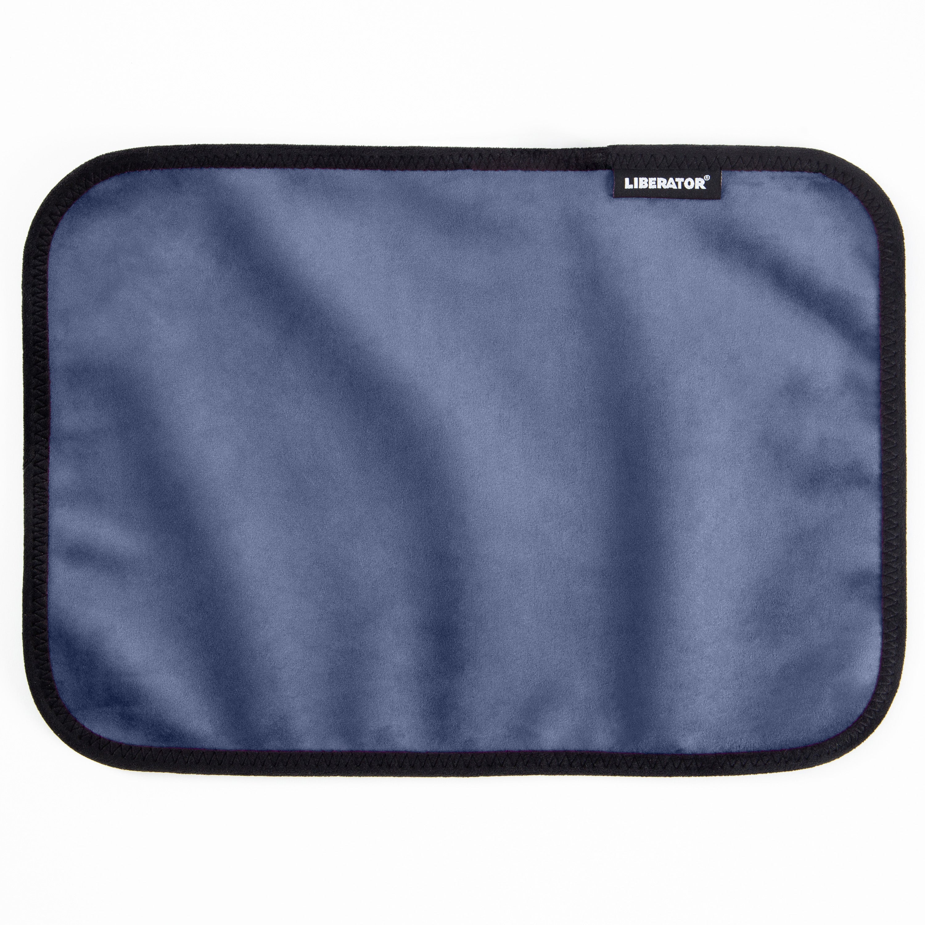 Indigo moisture-proof microvelvet toy pad with black trim and a Liberator logo.