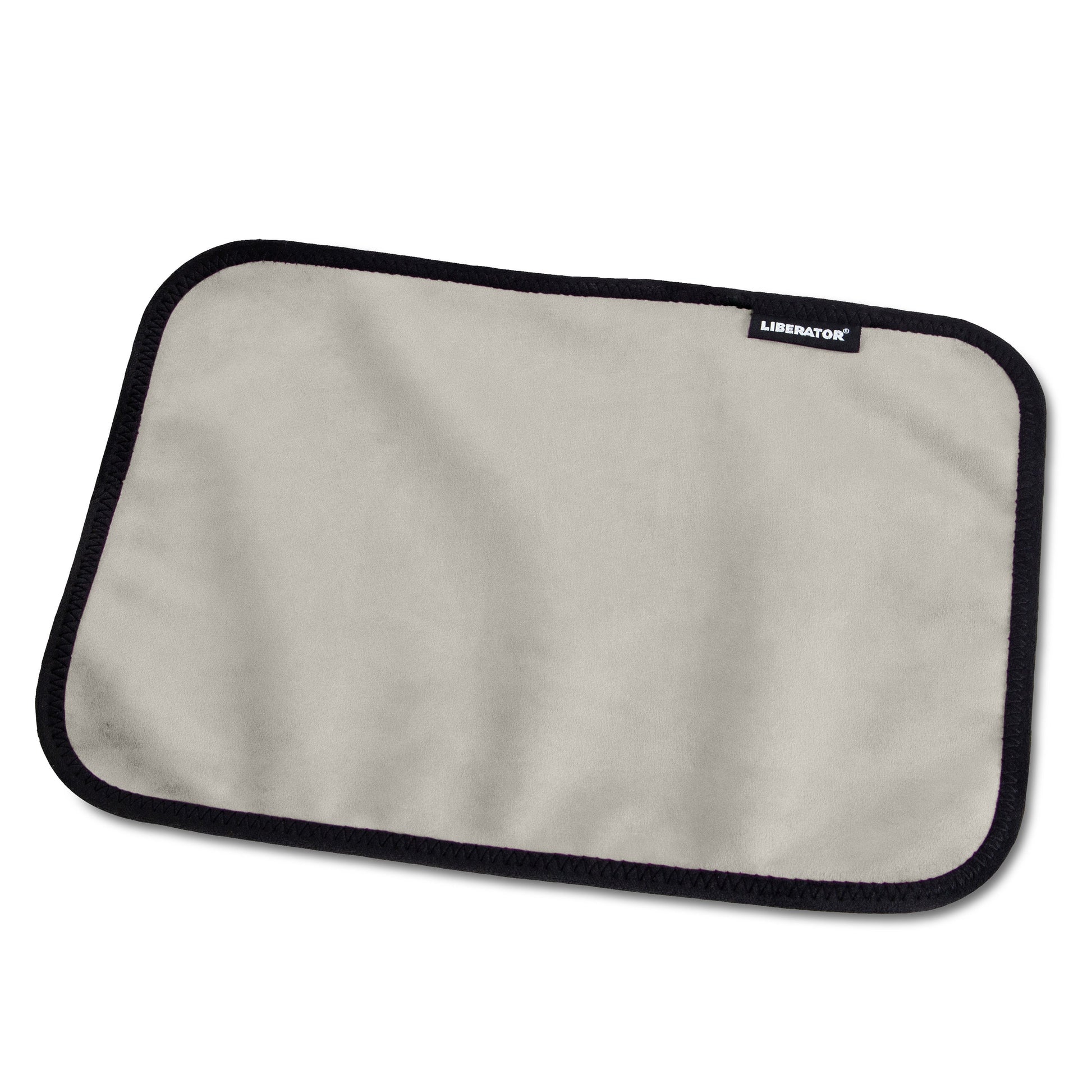 A light grey Liberator microvelvet mat with a black border.