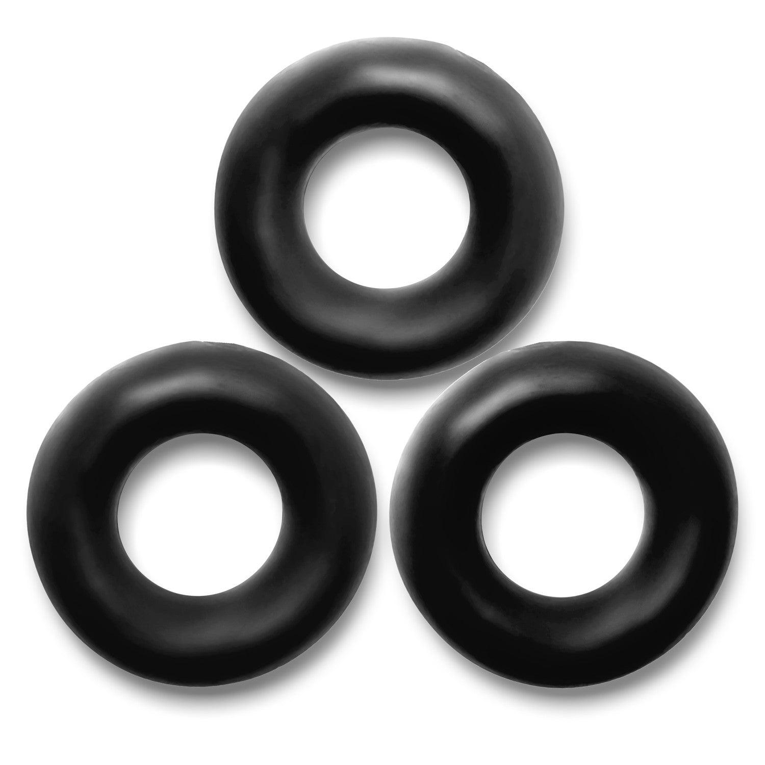 Three black stretchy cock rings arranged in a triangular formation.