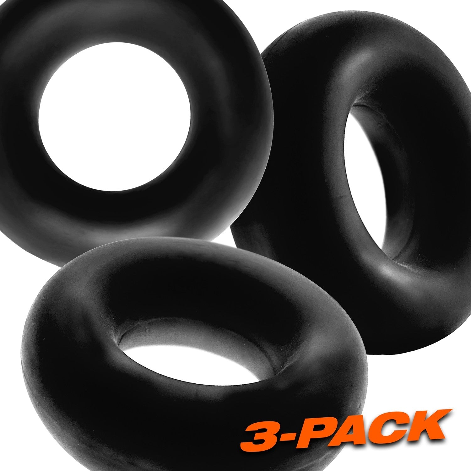 Three black stretchy cock rings are shown with "3-PACK" text.