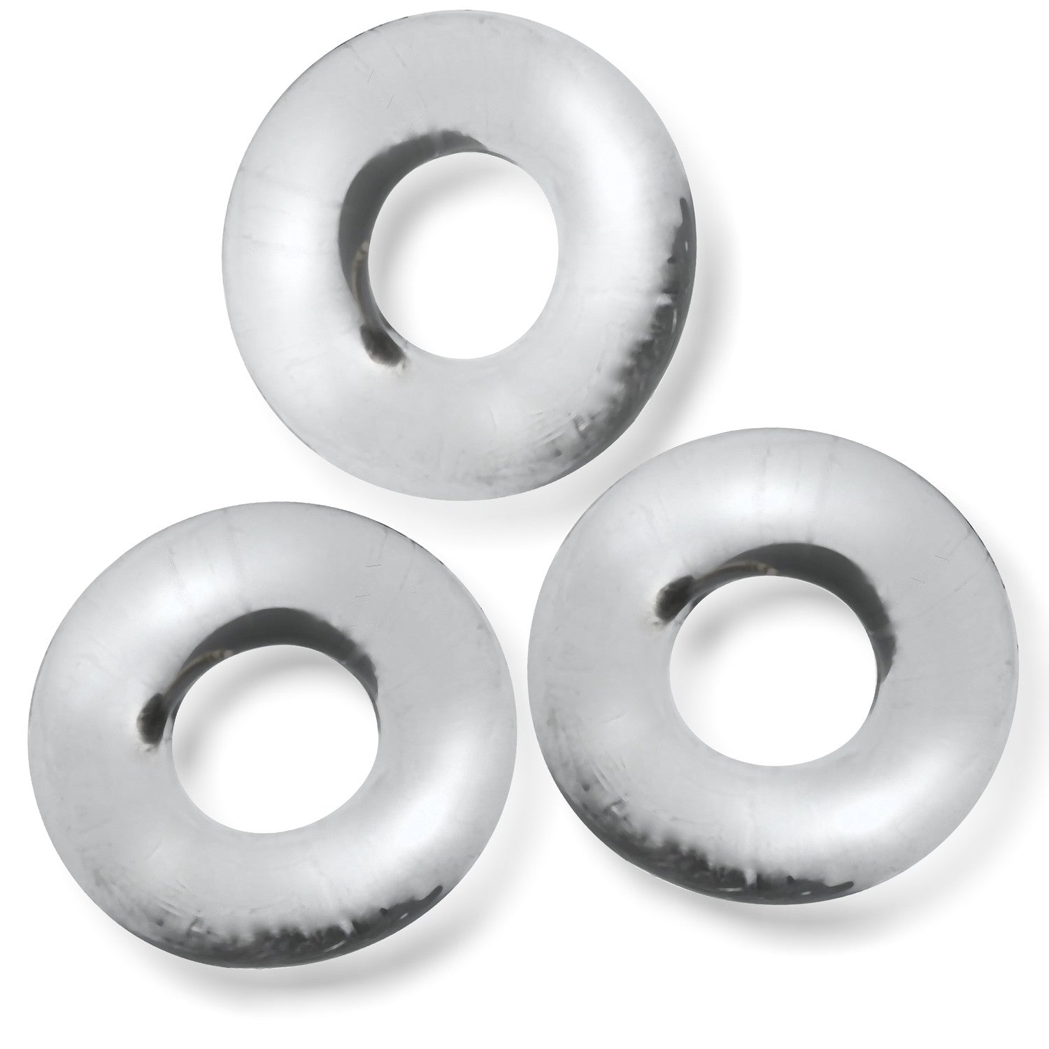 Three clear, flexible cock rings in a pack.