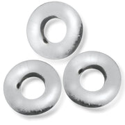 Three clear, flexible cock rings in a pack.