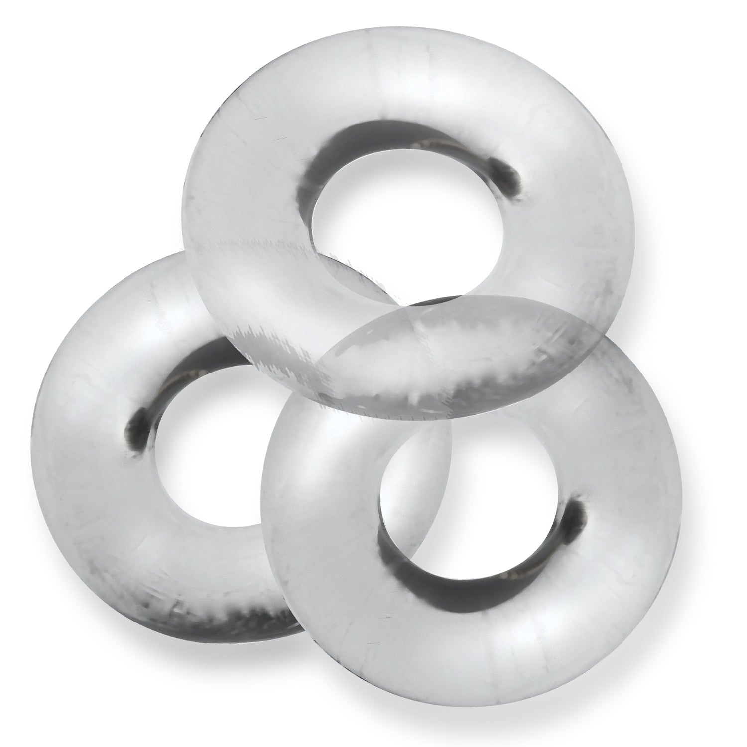 Three clear, interlocking rings with a translucent appearance.