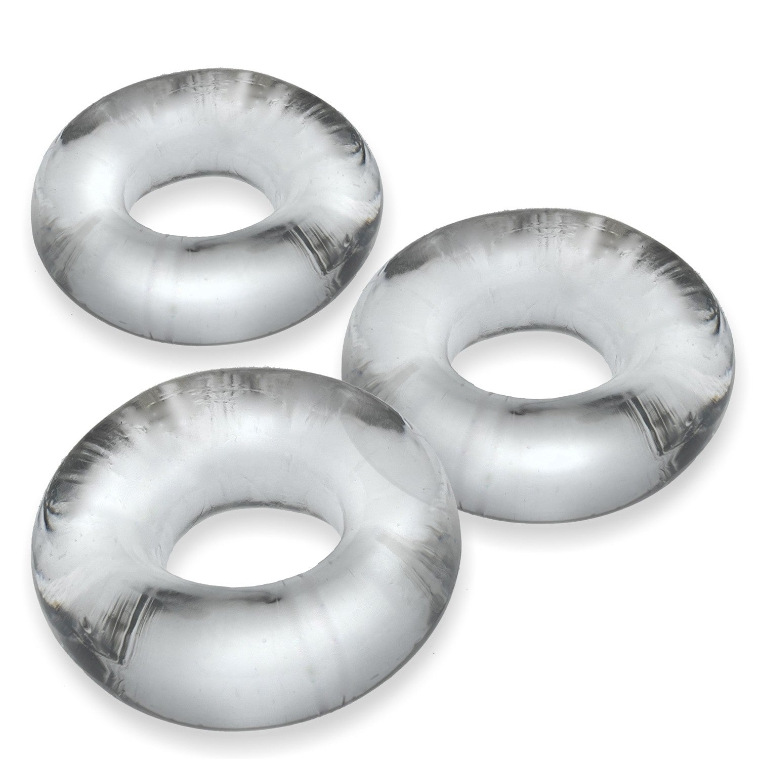 Three clear, ring-shaped cock rings made of flexible material.