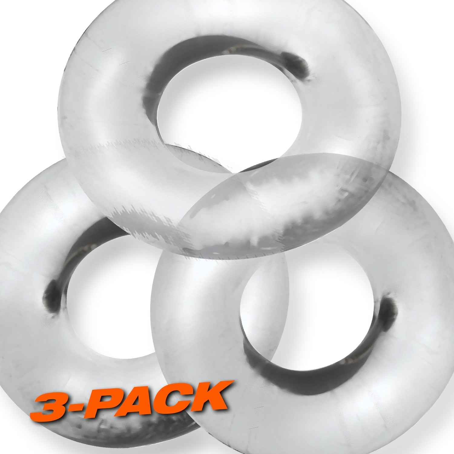 Three clear, flexible cock rings are shown, with "3-PACK" text.