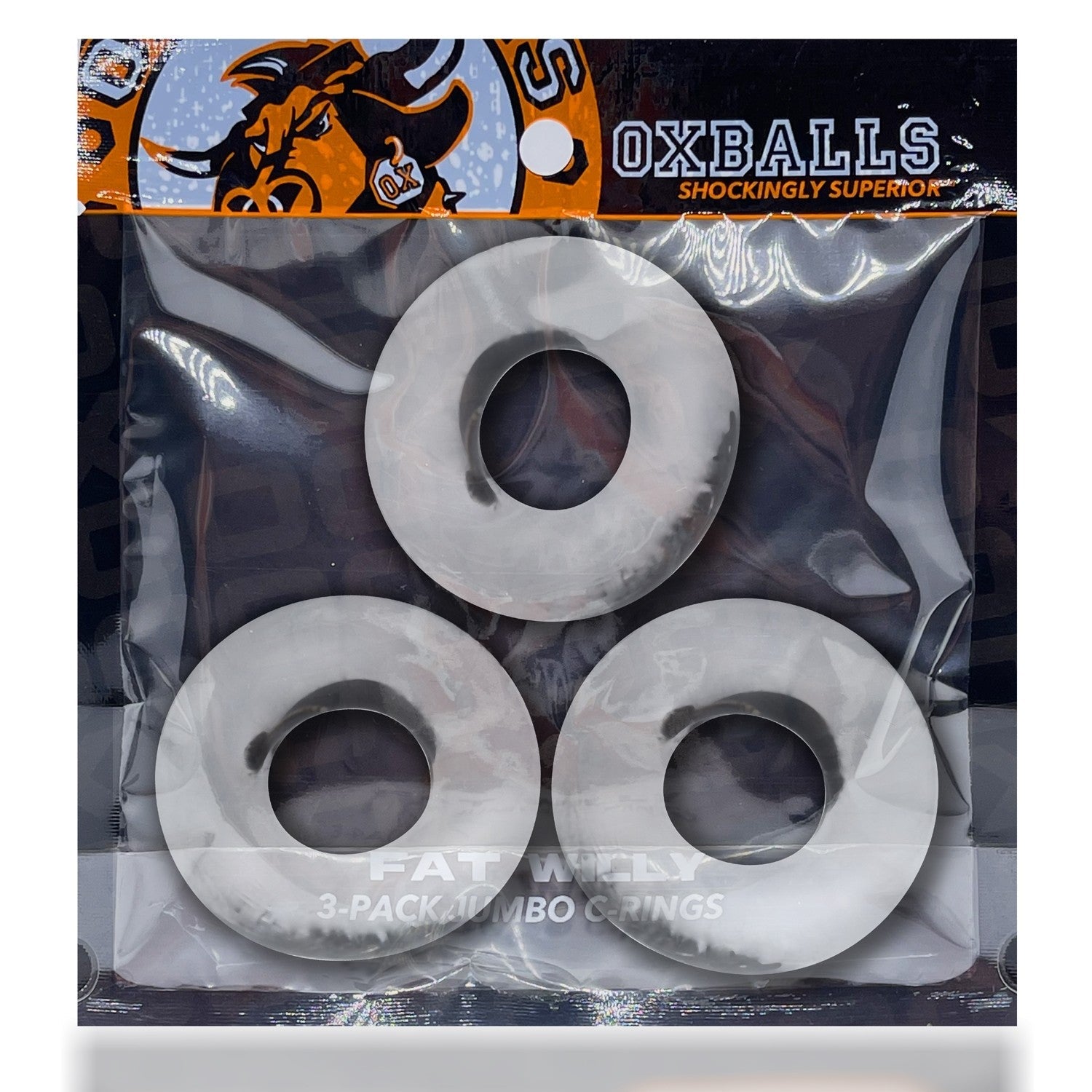 A 3-pack of clear Fat Willy Jumbo cock rings from Oxballs.