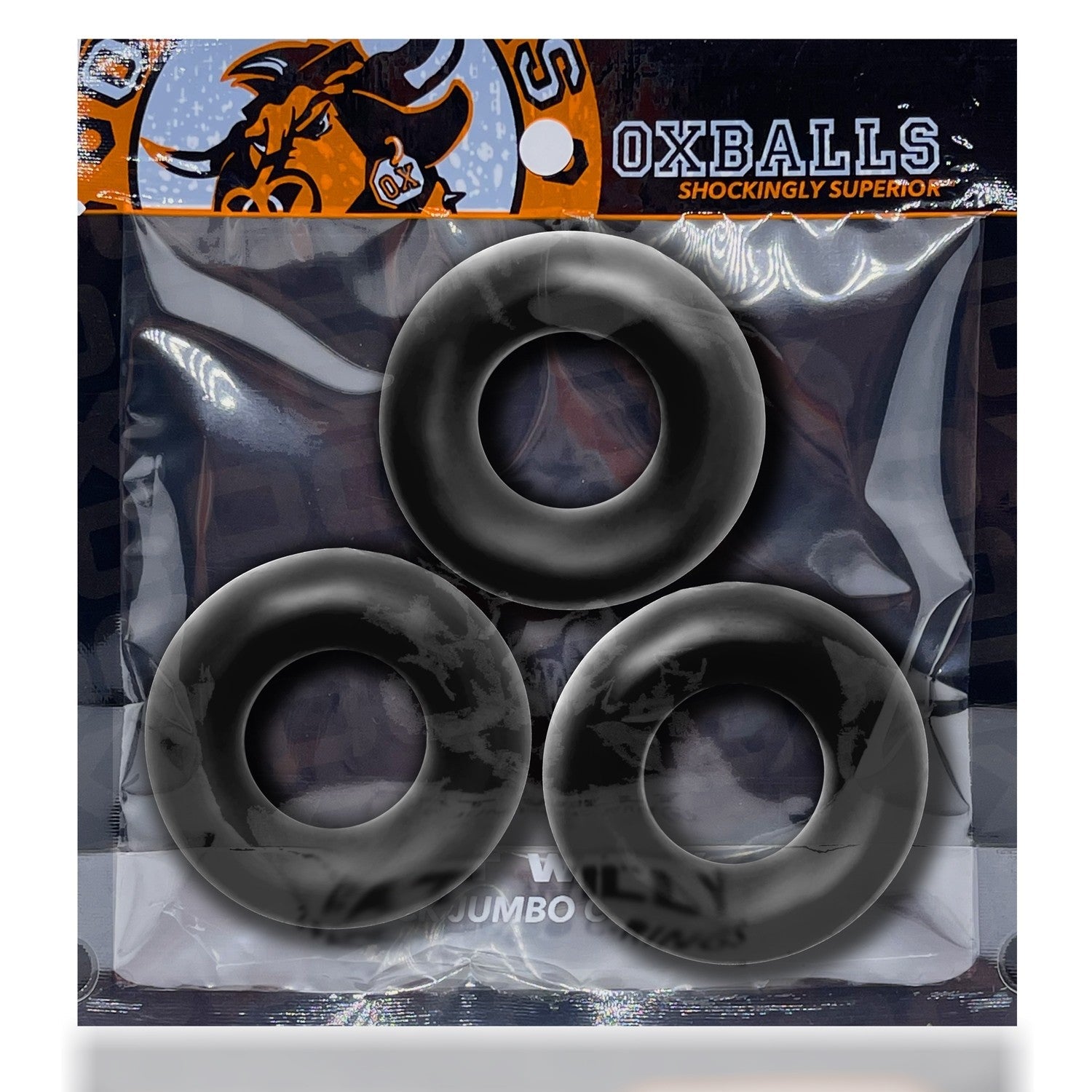 Three black stretchy cock rings in a package labeled "Oxballs".