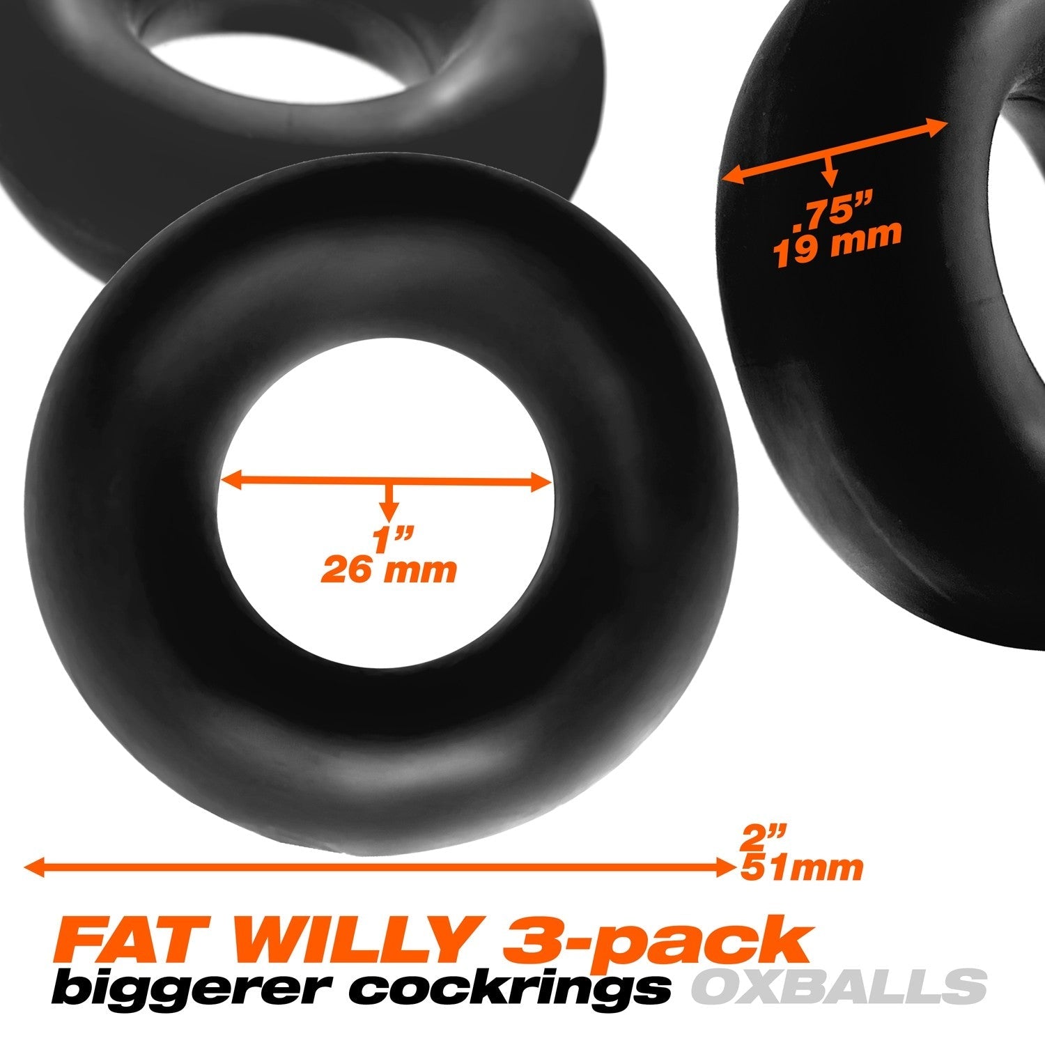 Three black Fat Willy cock rings with size measurements.
