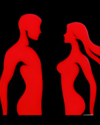 Red silhouettes of a man and a woman facing each other on a black background