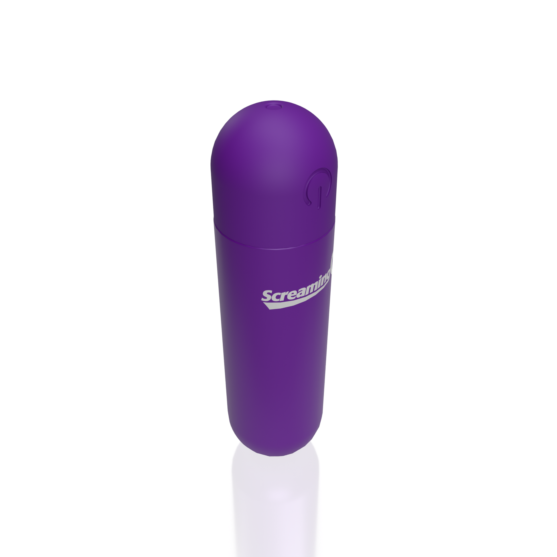 Purple rechargeable bullet vibrator with power button and "Screaming O" logo.