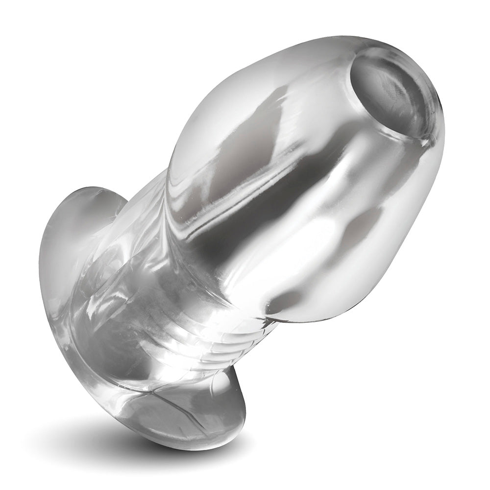 Clear hollow anal plug with a flared base.