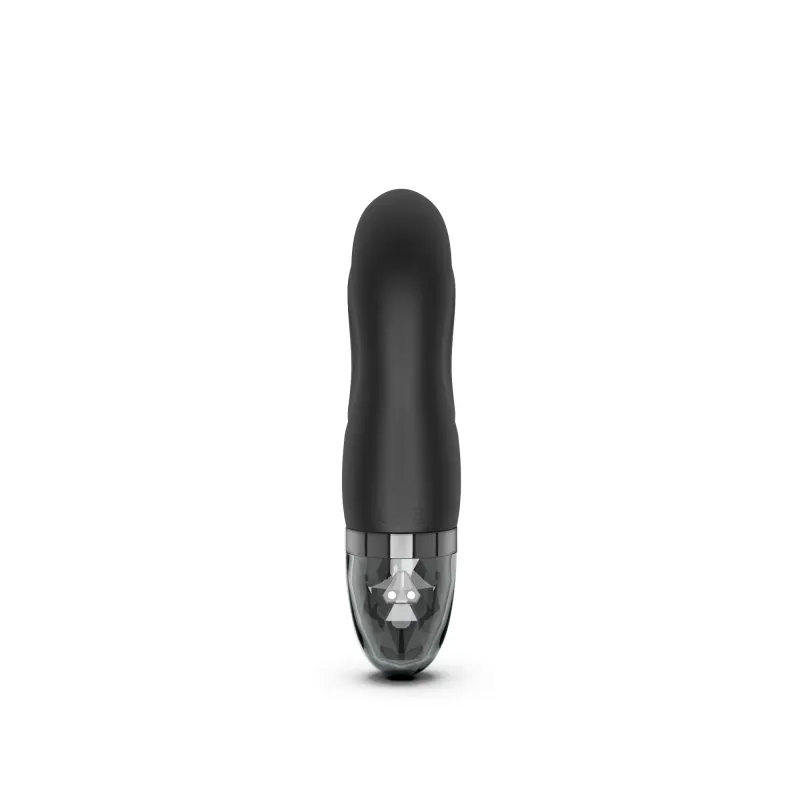 A black silicone dual stimulator with a clear, faceted tip.