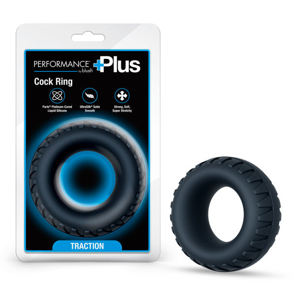 A black textured silicone cock ring and ball stretcher.
