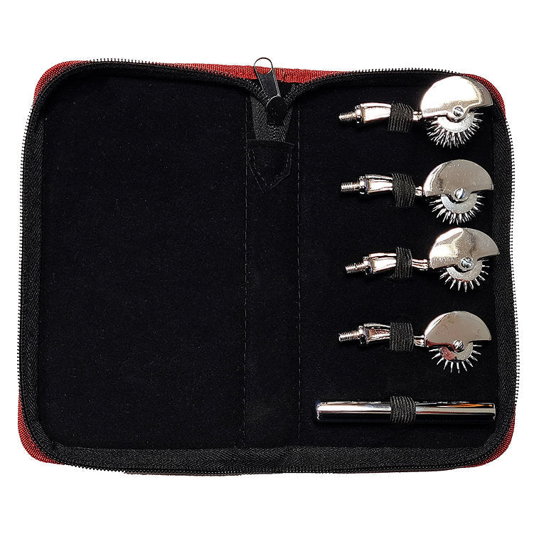 A stainless steel Wartenberg pinwheel set with four different heads and a handle in a zippered pouch.
