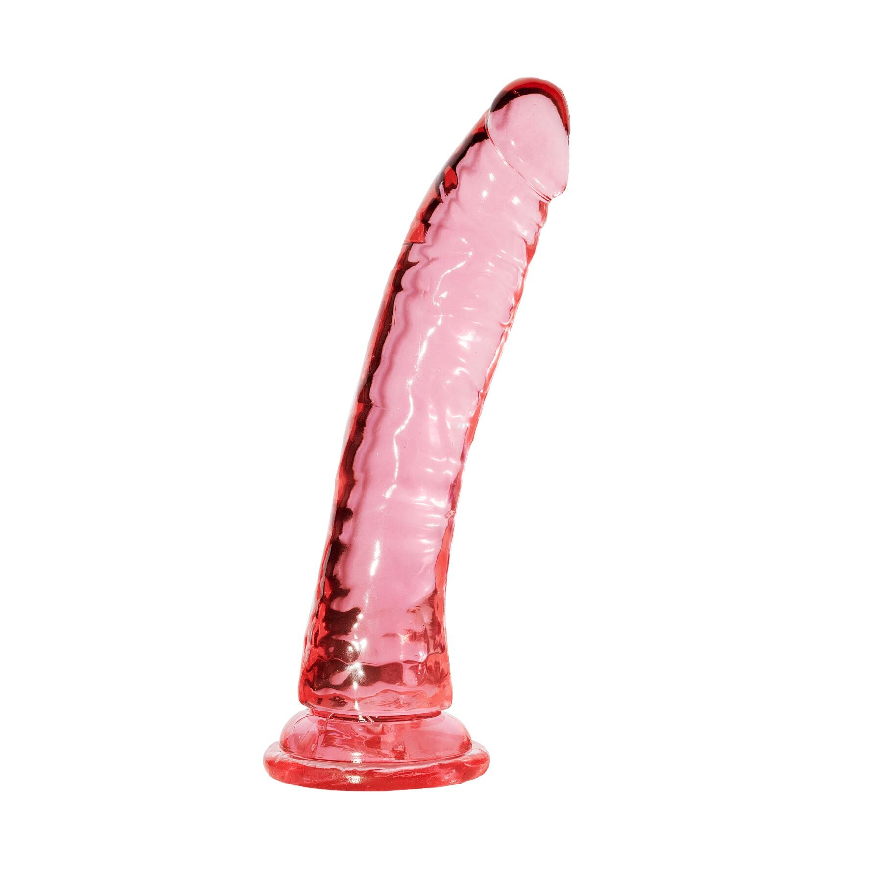 Pink realistic jelly dildo with suction cup base, 7.25 inches long.