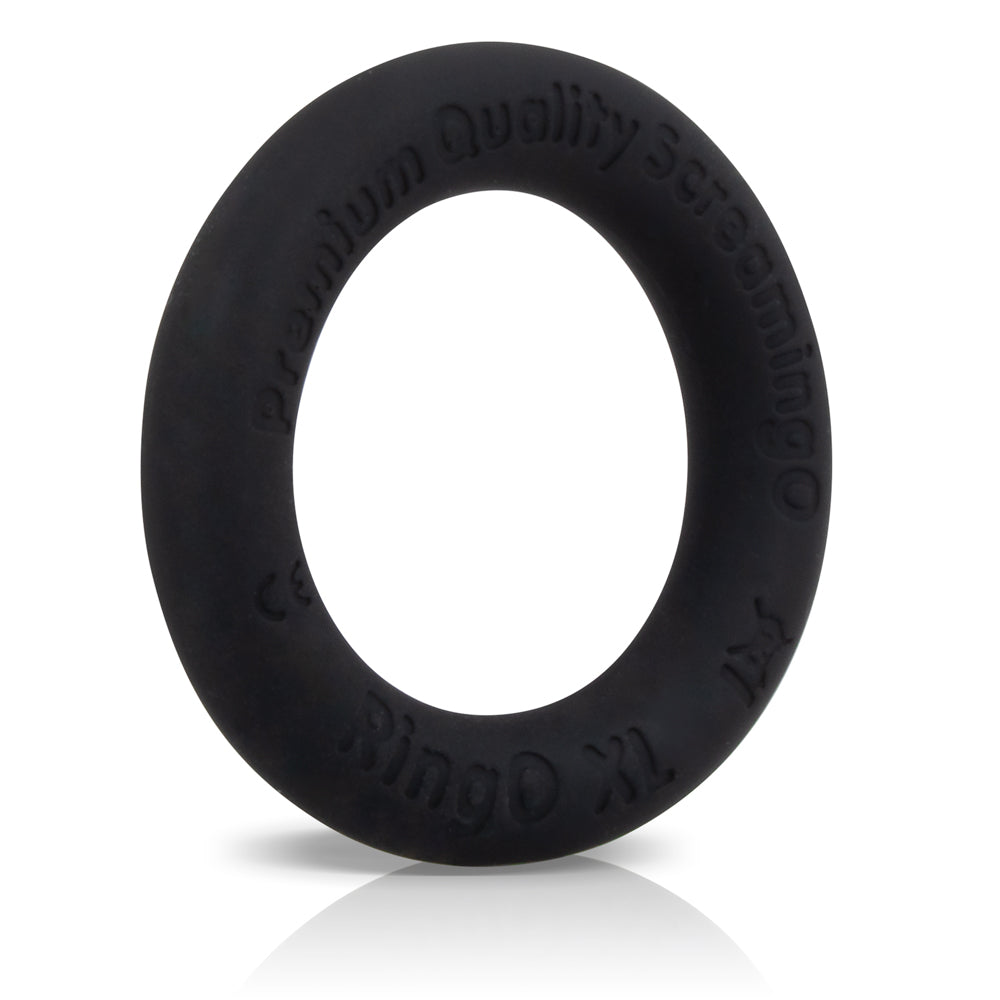 Black silicone cock ring with "Premium Quality Screaming O" and "Ringo XL" embossed.