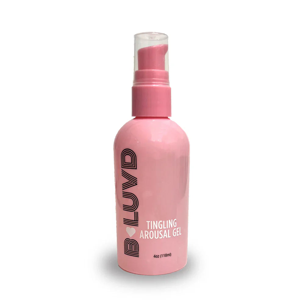 Pink bottle of B-Luvd tingling arousal gel with a pump dispenser.