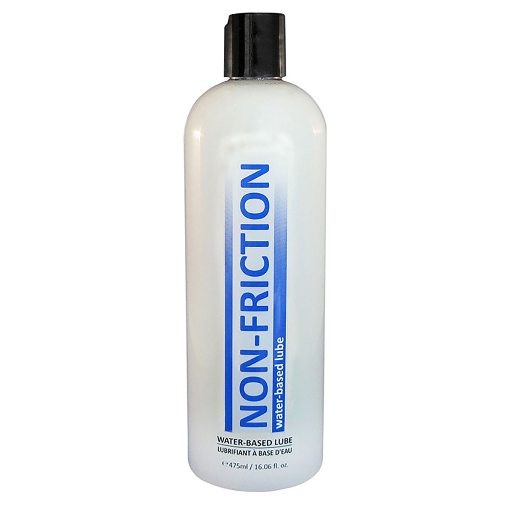 A white bottle of Non-Friction water-based lubricant with blue text.