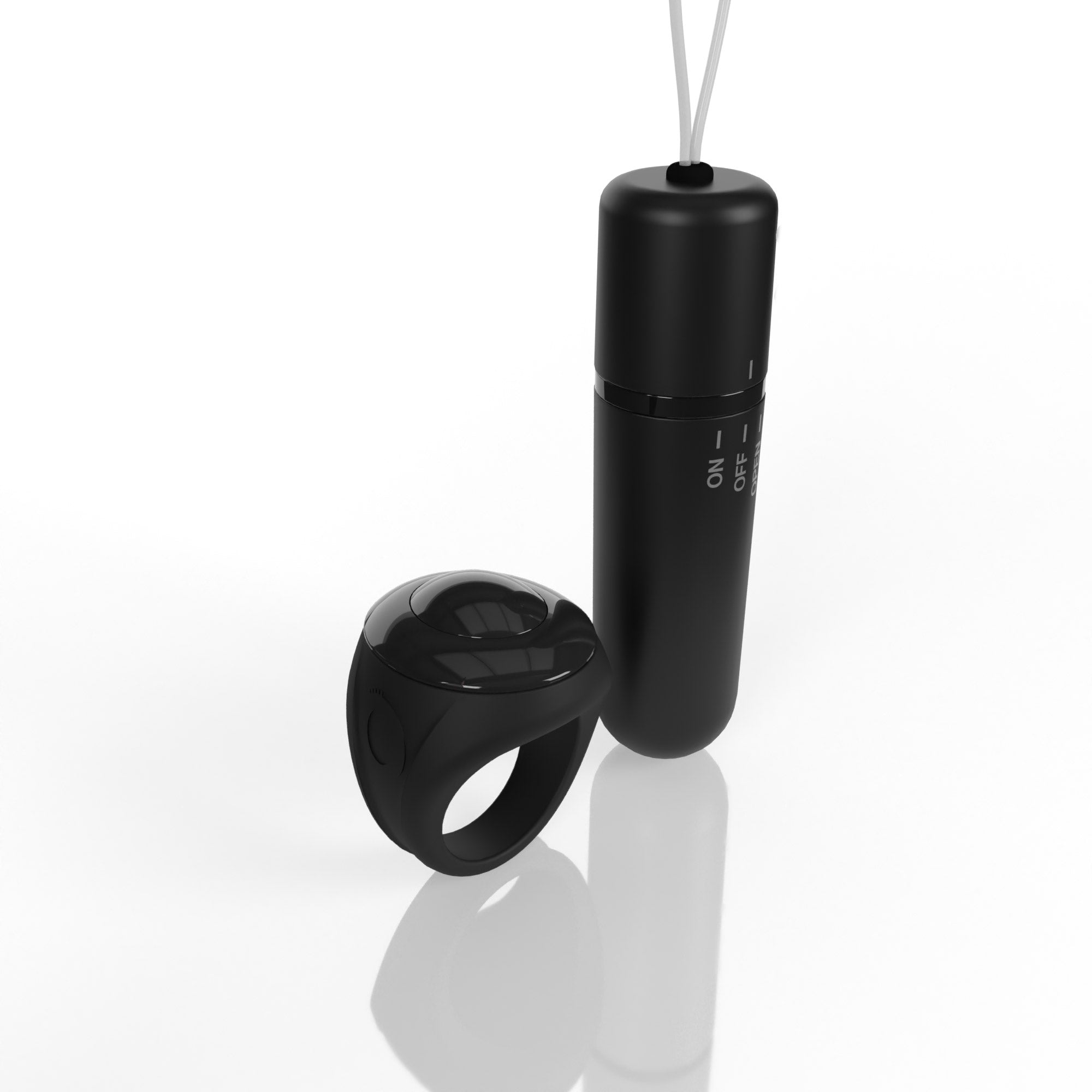 Black remote-controlled panty vibrator with a ring remote.
