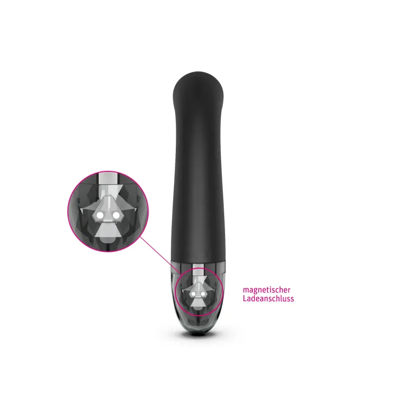 Schwarzer Vibrator mit magnetischem Ladeanschluss und Kristall-Detail.