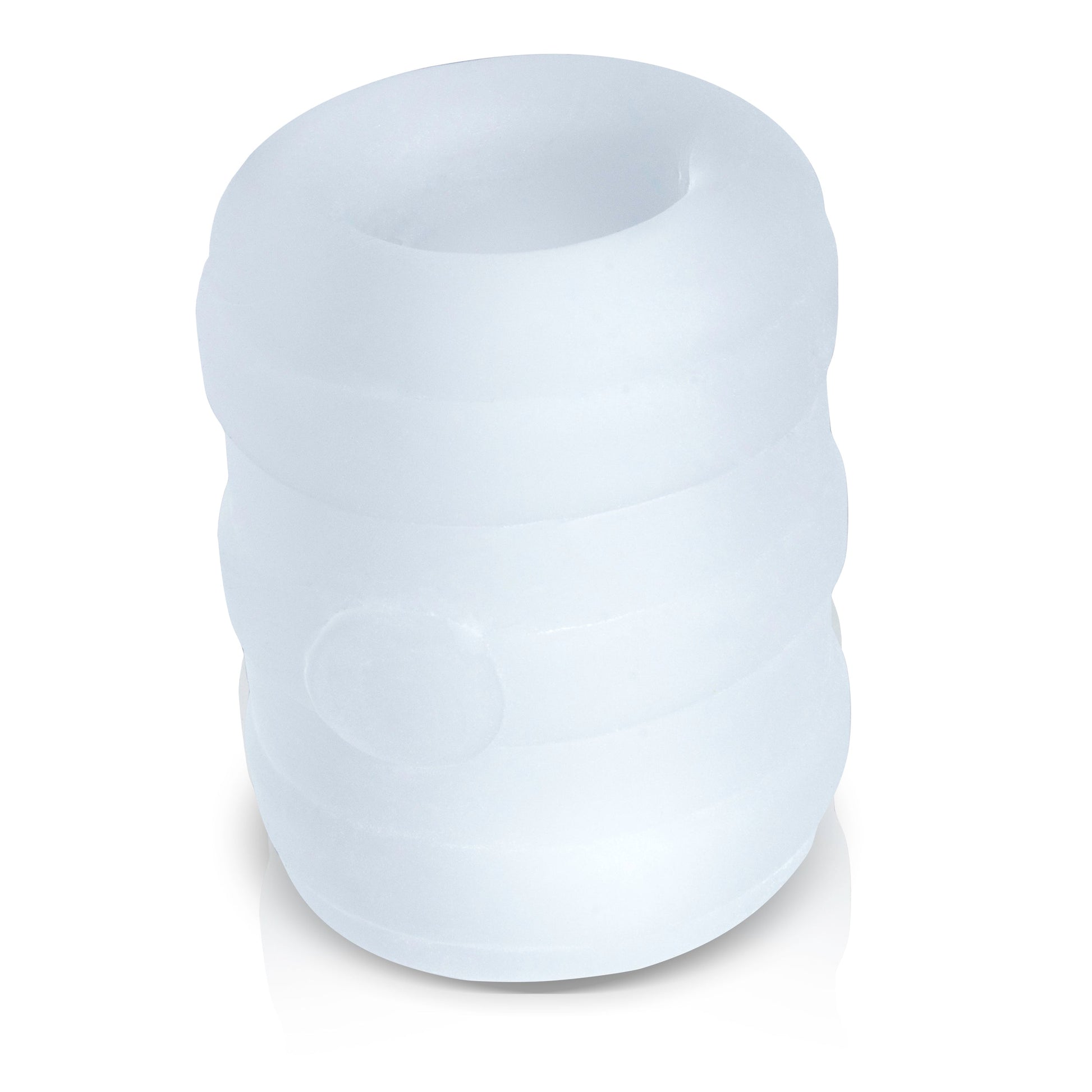 A soft, stretchy, frosted white penis ring with ribbed texture.