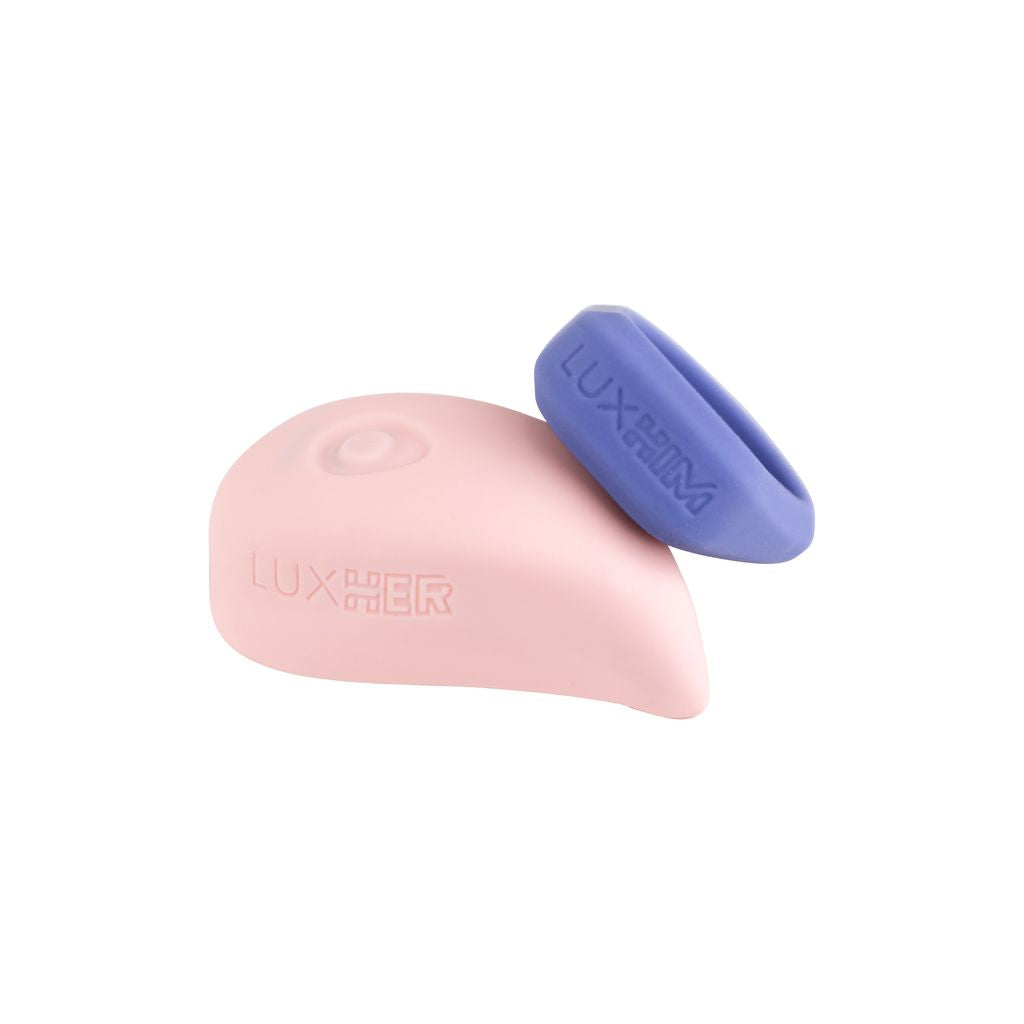 Pink and purple vibrating sex toys with brand logos.