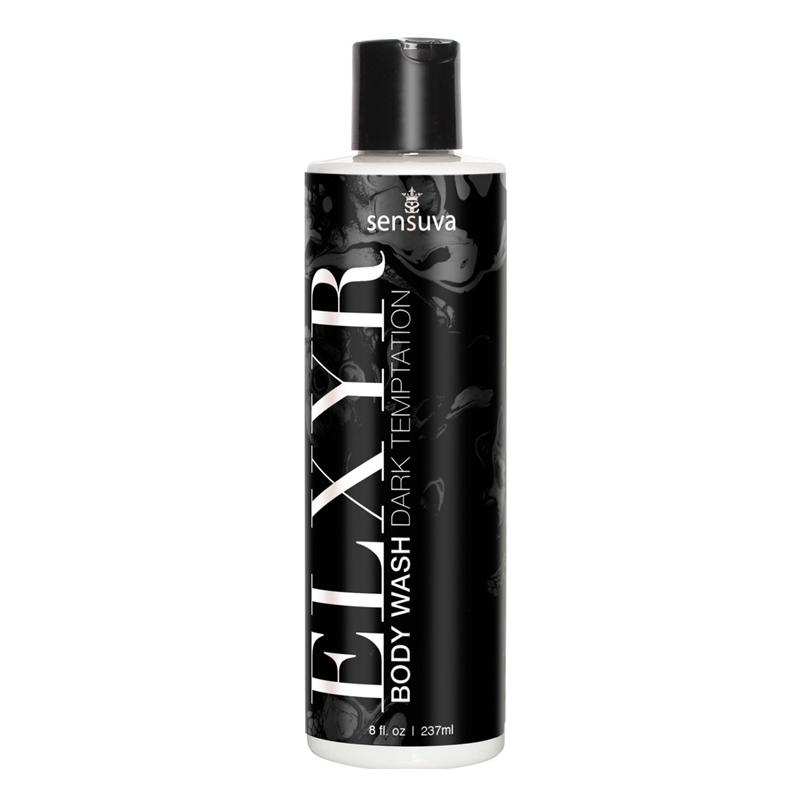 A black bottle of Sensuva Elixir Dark Temptation body wash.