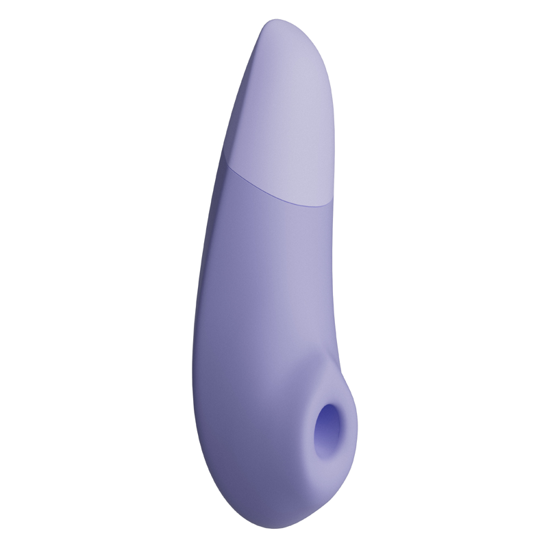 A purple and light purple clitoral stimulator with a curved shape and a hole at the bottom.