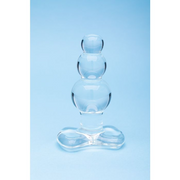 A clear glass anal bead toy with three rounded sections and a flared base.
