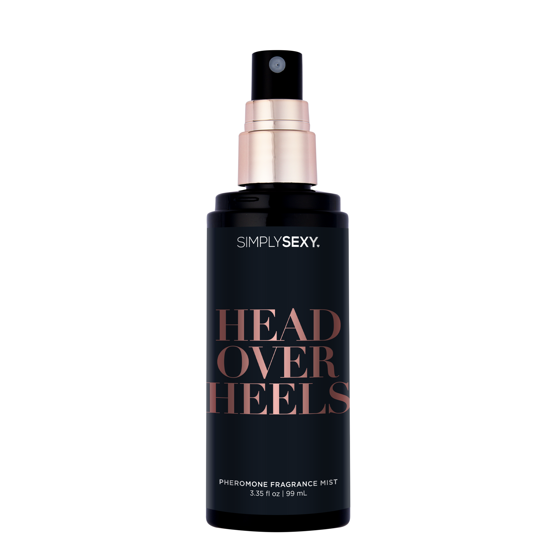 Simply Sexy Head Over Heels pheromone fragrance mist in a black bottle with rose gold accents.