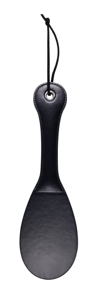 Black faux leather spanker paddle with a split tip and hanging loop.