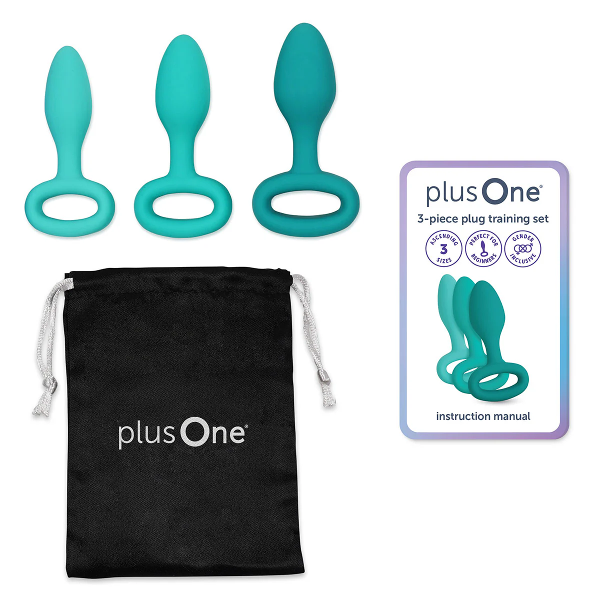 Three teal silicone anal plugs of ascending size with a black drawstring bag.