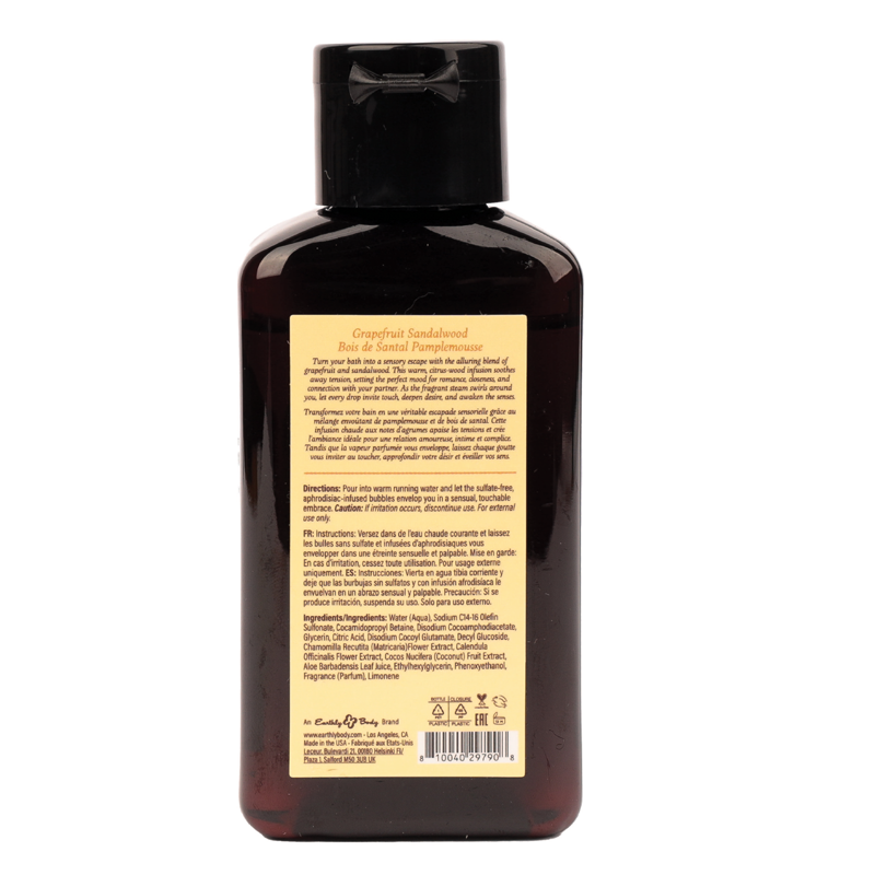 Grapefruit Sandalwood bubble bath in a dark bottle with a black cap.
