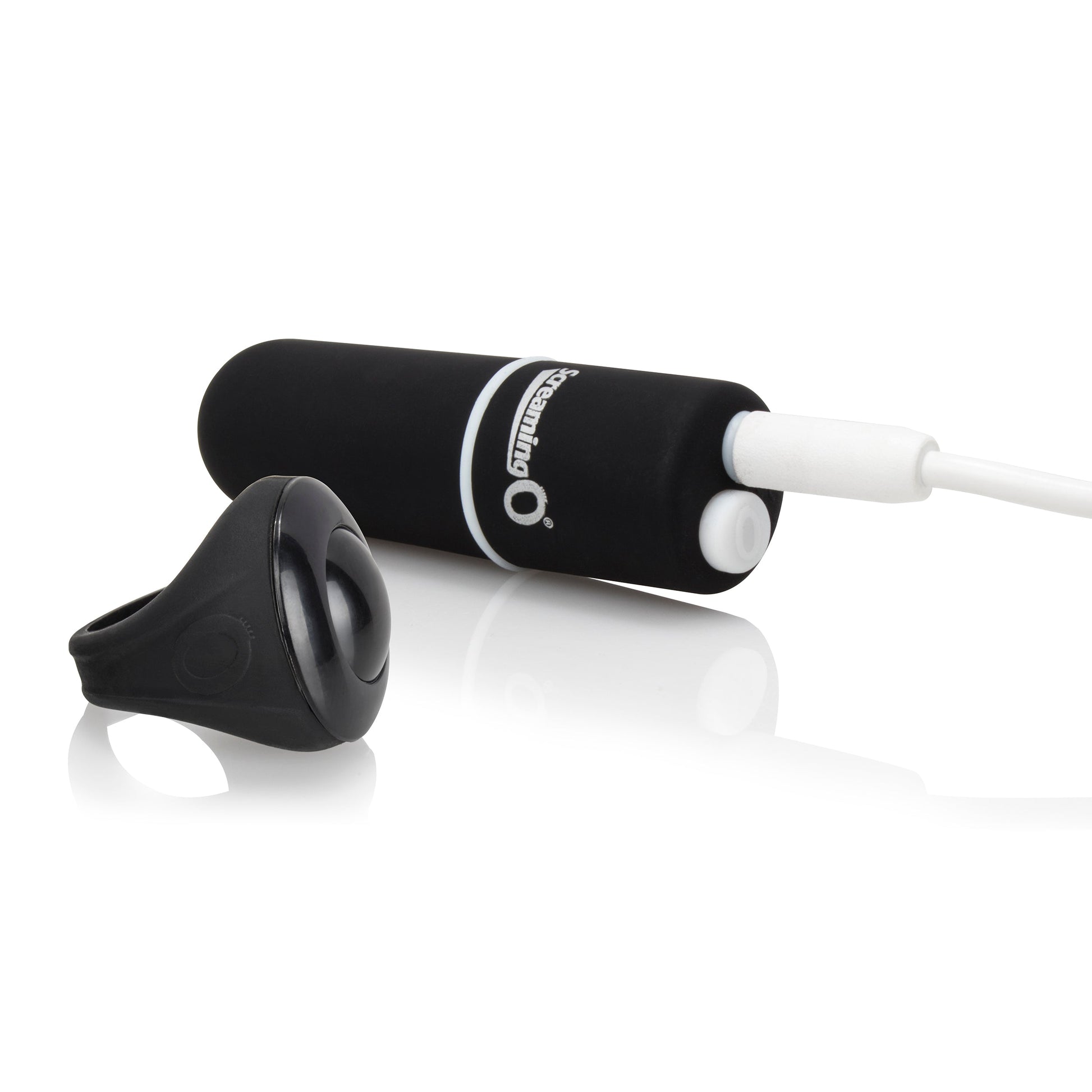 Black vibrating bullet with a remote control ring and a white charging cable.