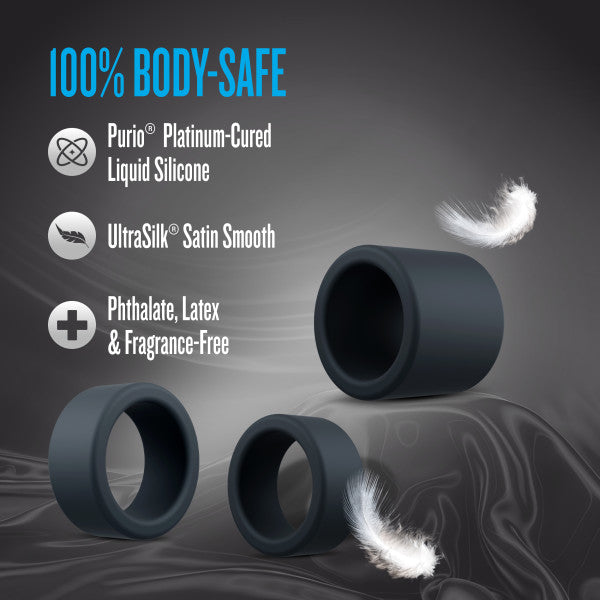 Three dark grey silicone cock rings with text about body-safe materials.