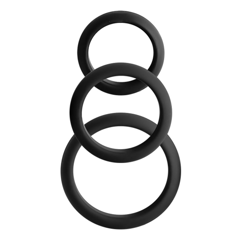 Three black silicone cock rings of varying sizes.