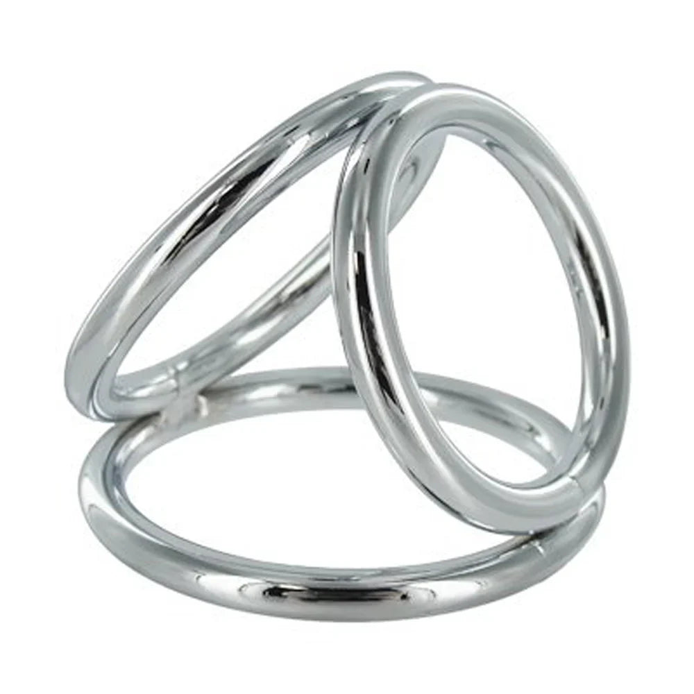 Chrome weighted triple cock and ball ring with three interconnected rings.
