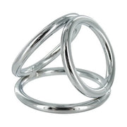 Chrome weighted triple cock and ball ring with three interconnected rings.