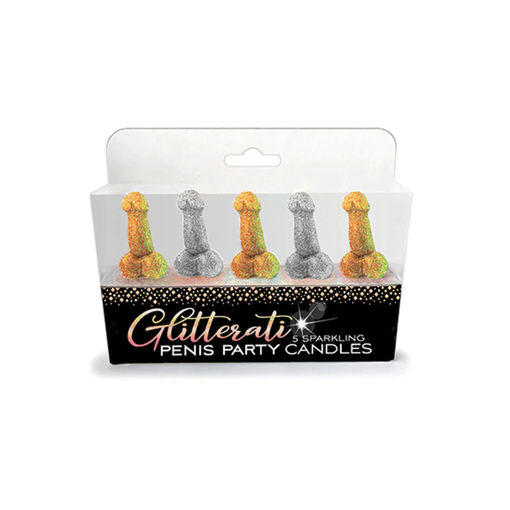 A set of five glitter-covered penis-shaped candles in gold and silver.