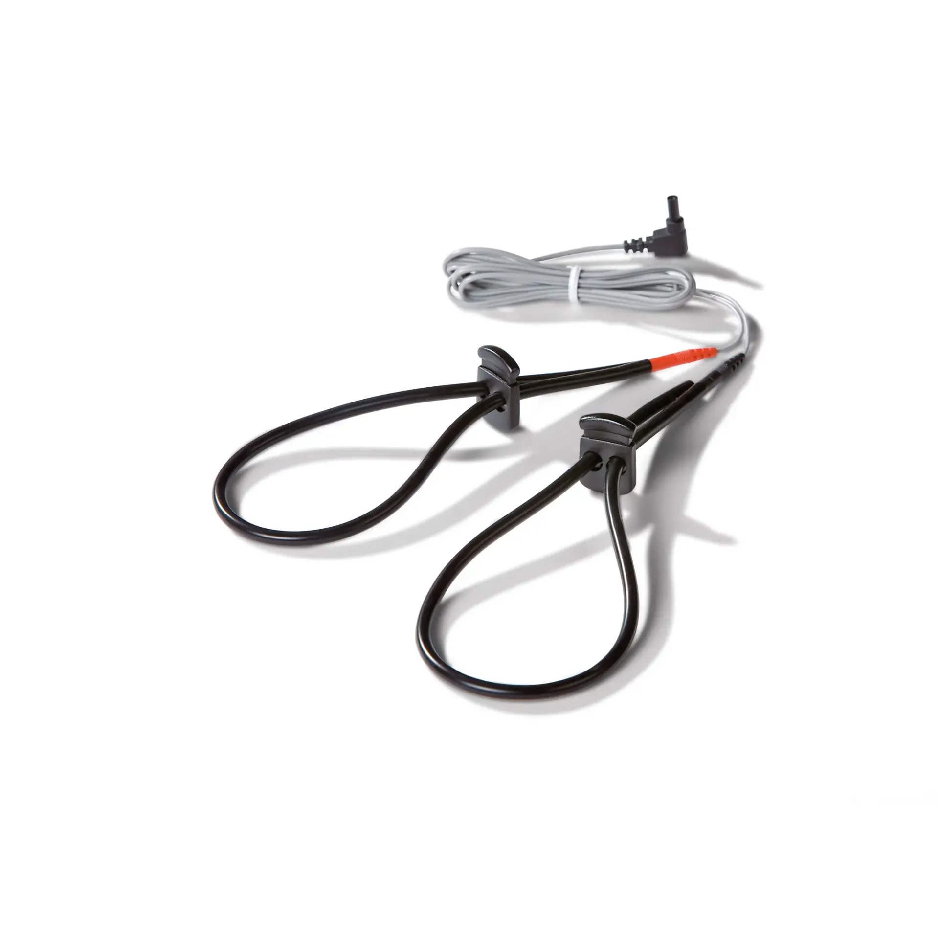 E-stim penis and scrotum strap set with black silicone straps and grey cord.