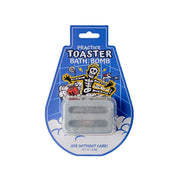 A toaster-shaped bath bomb in blue packaging with skeleton graphics.